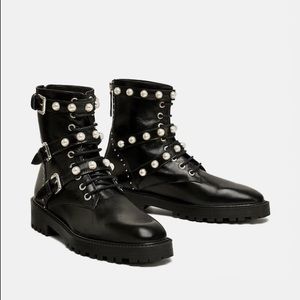 Zara Leather ankle boots with faux pearls